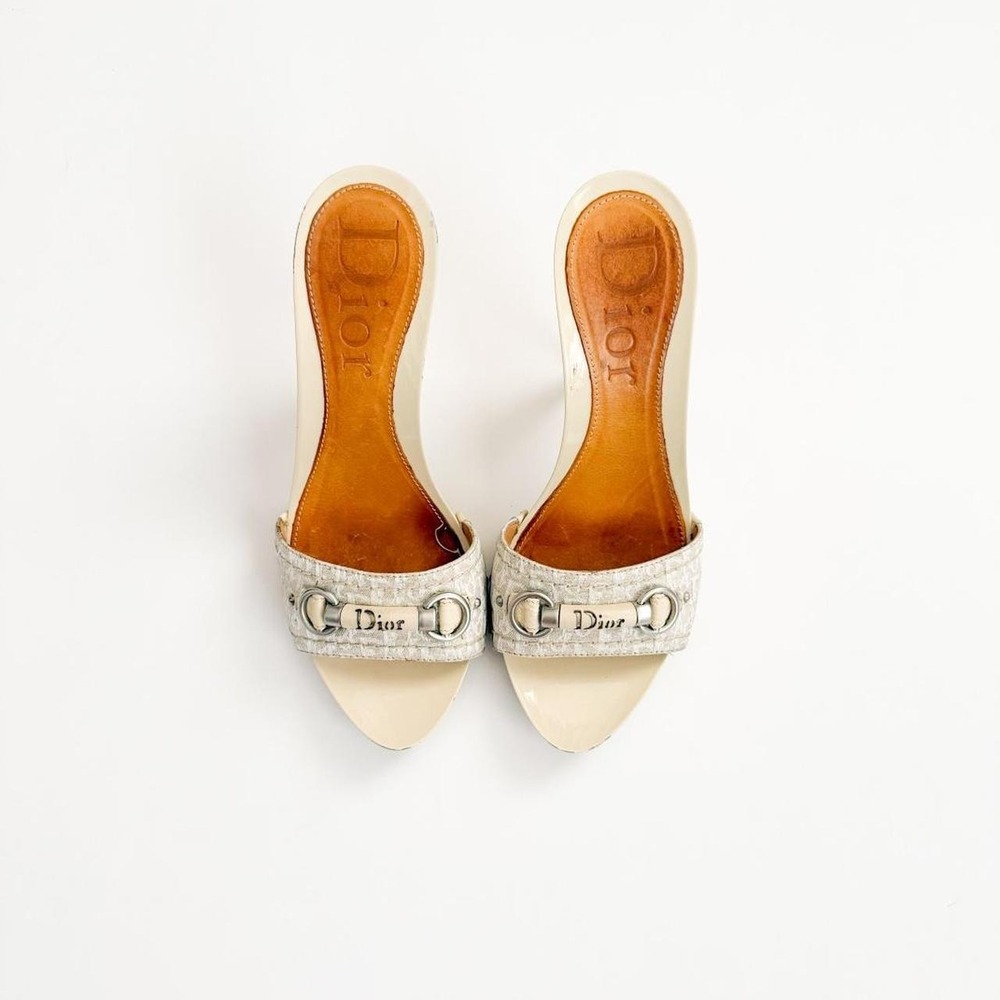 Christian Dior Trotter monogram mule heels ivory logo vintage designer US 6.5/7